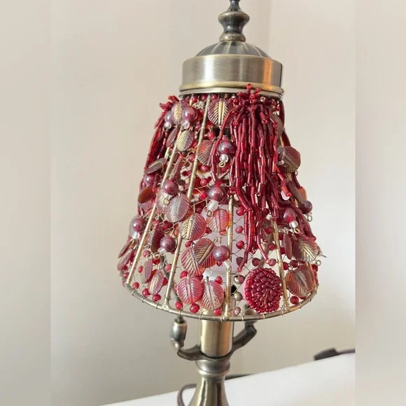 Vintage Red Glass Beaded Table Lamp with Bronze Base - Picture 3 of 6